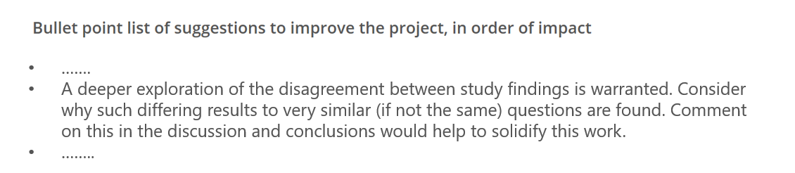 Bullet point list of suggestions to improve a project